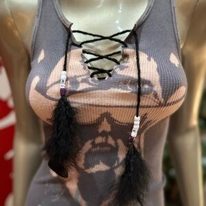 ⚡️LEMMY Motörhead skull distressed lace-up keyhole feather tank top art S